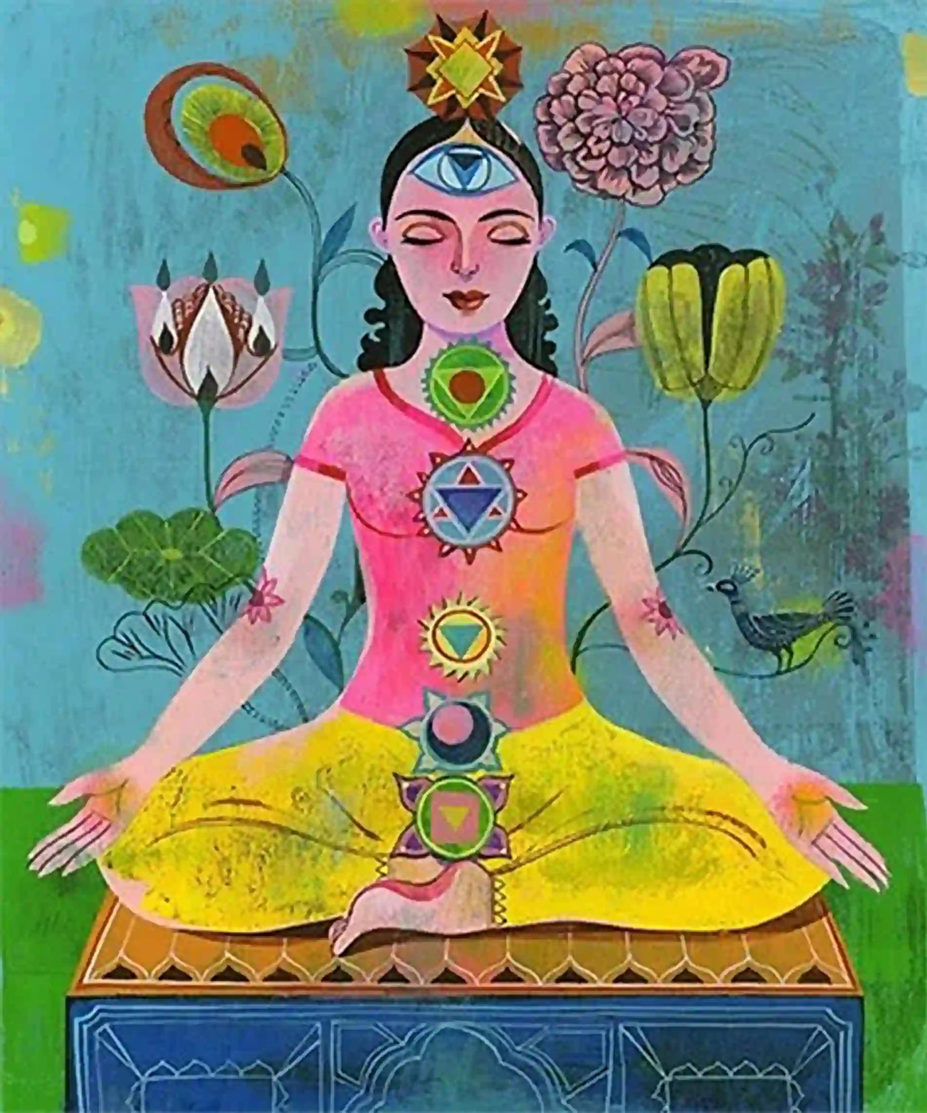 Ilustración de una mujer en posición de meditación y los siete chakras recorriendo su cuerpo